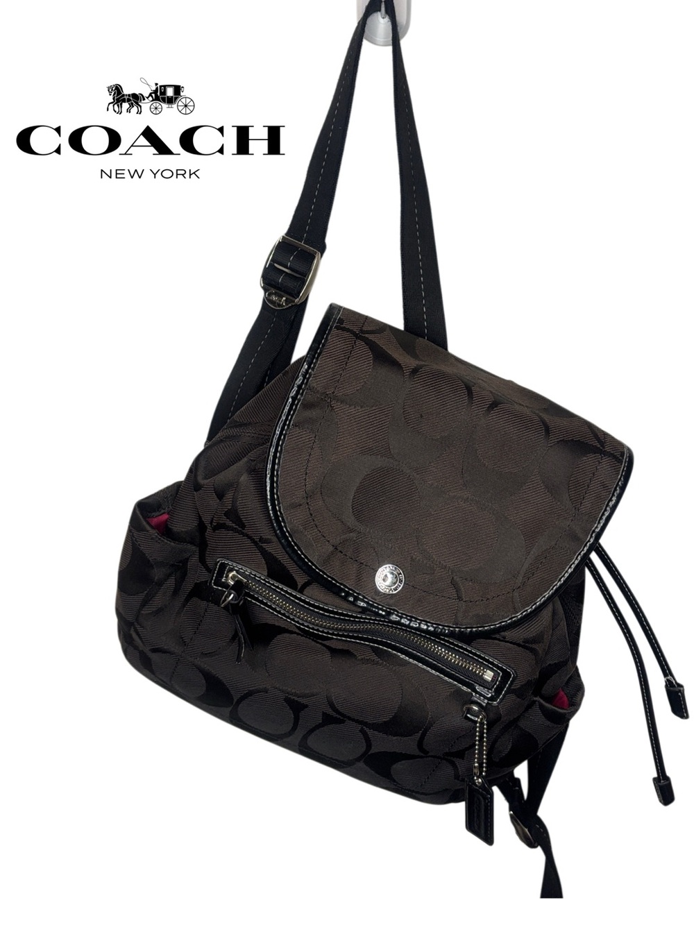 Coach Kyra Backpack Black Signature Jacquard Fabric with Patent Leather Trim.